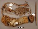 Organic, woven fiber cordage, sandal fragment, worked wood, and fiber bundle