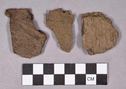 Ceramic, earthenware body and rim sherds, undecorated, incised, impressed; one sherd with pinched rim