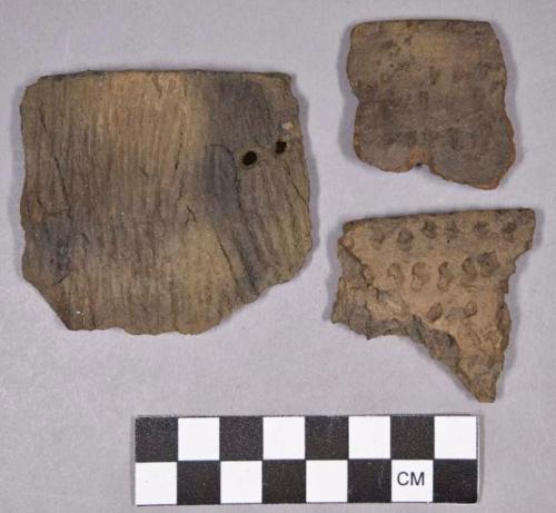 Ceramic, earthenware rim and body sherds, impressed, dentate, and punctate, includes mica-temper; one perforated sherd