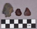 Chipped stone, flake scraper and projectile points, triangular and stemmed