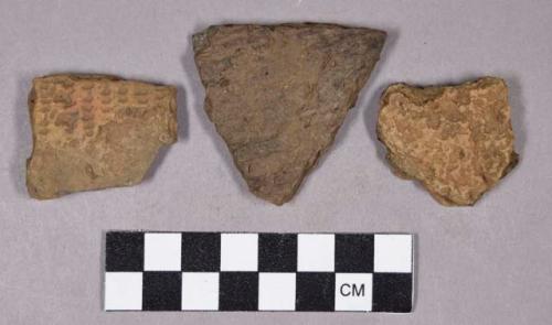 Ceramic, earthenware rim and body sherds, undecorated, dentate, net-impressed, and cord-impressed, includes grit-tempered