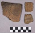 Ceramic, earthenware rim and body sherds, dentate, incised, and punctate; one perforated sherd