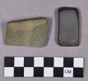 Ground stone, rectangular modified lithic and atlatl weight fragment, incised