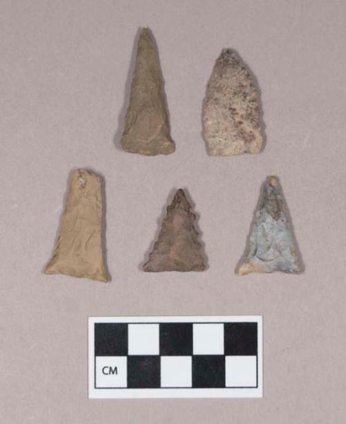 Chipped stone, projectile points, triangular and lanceolate, one serrated