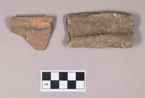 Ceramic, earthenware rim sherd, cord-impressed, shell-tempered; ground stone, grooved stone fragment