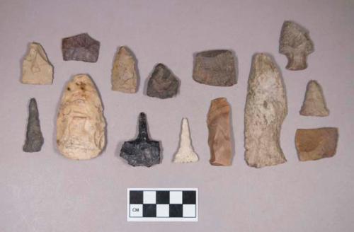 Chipped stone, projectile points, triangular and side-notched; chipped stone, drills; chipped stone, scrapers, one polished at one end; chipped stone, biface fragments; chipped stone, prismatic blade