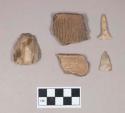Ceramic, earthenware rim sherds, one undecorated and shell-tempered, one cord-impressed and grit-tempered; chipped stone, drill; chipped stone, scrapers, one with cortex