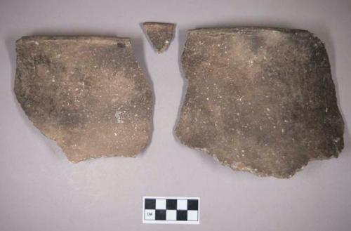 Ceramic, earthenware rim sherds, undecorated, shell-tempered; three sherds crossmend