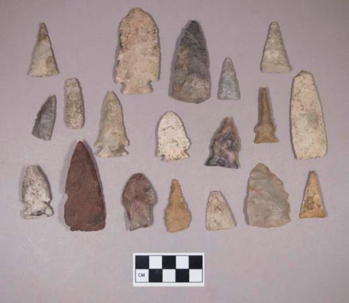 Chipped stone, projectile points, stemmed, side-notched, serrated, triangular, corner-notched, and lanceolate; chipped stone, drill; chipped stone, scraper