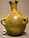 Bottle-shaped pottery vessel- 3 ring handles; orange rectilinear designs on buff
