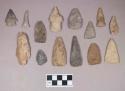 Chipped stone, projectile points, stemmed, triangular, corner-notched, and ovate; chipped stone, projectile point fragment; chipped stone, drill