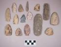 Chipped stone, projectile points, corner-notched, side-notched, stemmed, triangular, lanceolate, and ovate; chipped stone, bifaces, ovate