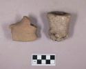 Ground stone, pipe fragment; ceramic, earthenware pipe bowl fragment, shell-tempered