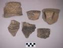 Ceramic, earthenware rim, body, and handle sherds, some undecorated, some incised, some with possible Ramie design, some cord-impressed, some cord-impressed and incised, some cord-impressed, incised, and punctate, some with incised rim, shell-tempered