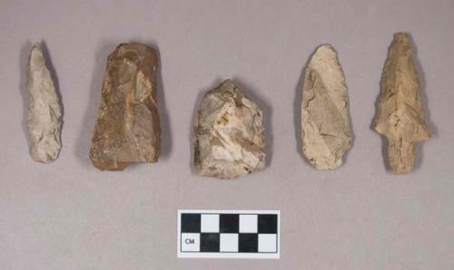 Chipped stone, projectile points, ovate and stemmed; chipped stone, chipping debris