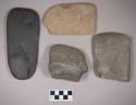 Ground stone, grooved axe fragment; ground stone, adze fragment; ground stone, flat rectangular object; worked coal, flat, rectangular