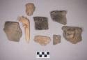 Ceramic, earthenware rim and handle sherds, some incised, some cord-impressed, some incised and cord-impressed, some undecorated, some shell-tempered, some grit-tempered; worked animal bone awl
