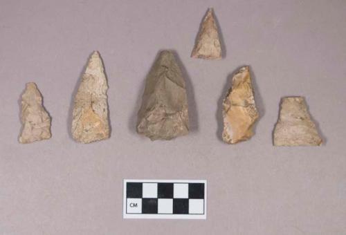 Chipped stone, projectile points, triangular, one preform; chipped stone, chipping debris, possible preform