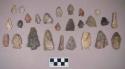 Chipped stone, projectile points, side-notched, stemmed, corner-notched, triangular, and lanceolate; chipped stone, biface fragments; chipped stone, drills