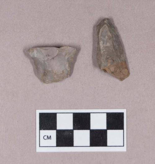 Chipped stone, projectile point fragment, stemmed; chipped stone, chipping debris, possible core