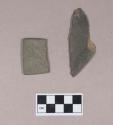 Ground stone, worked stone fragment, possible gorget fragment; stone fragment, likely non-cultural