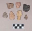 Chipped stone, projectile points, ovate, stemmed, and side-notched; chipped stone, biface fragments