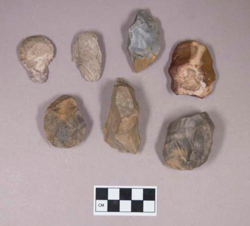 Chipped stone, scrapers; chipped stone, chipping debris, some possible cores, some possibly utilized or worked