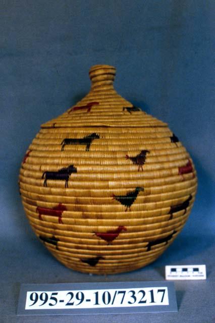 Coiled basket (A); horse and chicken motifs