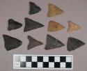 Chipped stone, straight and concave base triangular bifaces