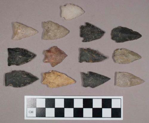 Chipped stone, stemmed, triangular, side and corner-notched bifaces