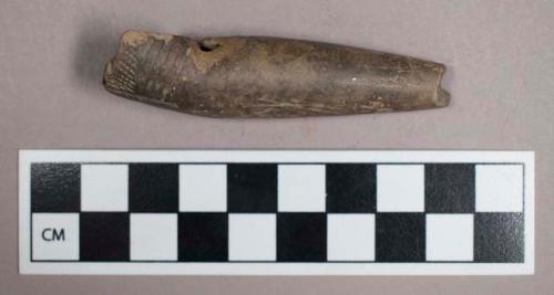 Ceramic, earthenware, pipe stem and bowl fragment with linear incised decoration