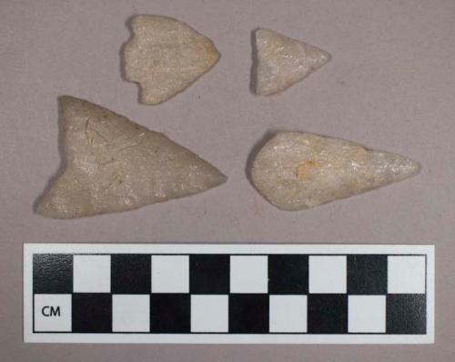 Chipped quartz, corner-notched, ovate, and triangular bifaces