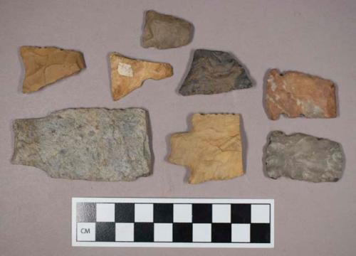 Chipped stone, stemmed, triangular, side-notched, and bifurcated biface fragments