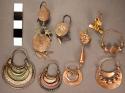 6 pairs of gold earrings- various shapes, crescents, drops, coins, etc.
