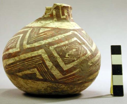 Ceramic jar, round body, red-on-buff geometric design, rim sherds missing