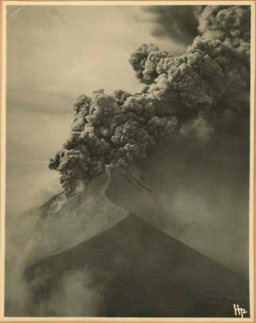 Volcán de Fuego erupting, aerial view