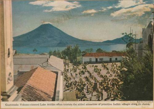 Plaza, with Lake Atitlan and volcano in background