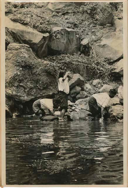 Group bathing next to rocky shoreline