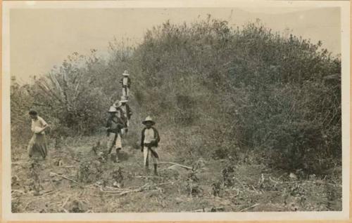 Group walking down from mound