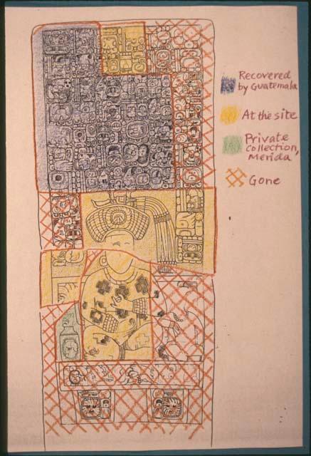 Piedras Negras, Stela 3, drawing with present location of pieces marked