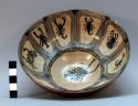 Bowl, pinink form, hand coiled and silp fired, with rare figural designs