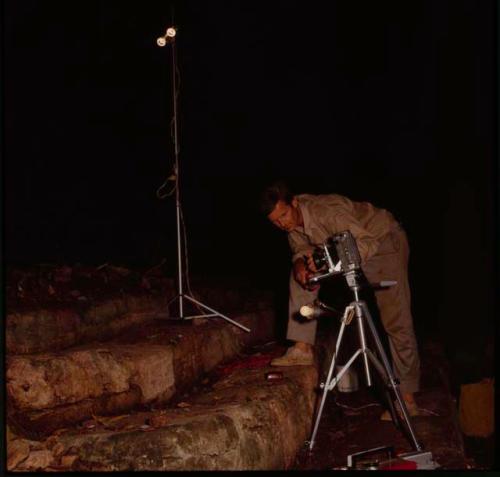 Ian Graham photographing Hieroglyphic Stairway at Yaxchilan