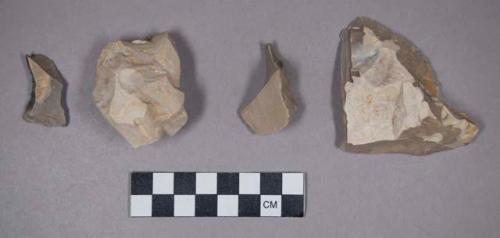 Flint flakes, chipping debris, edged tools, and blades