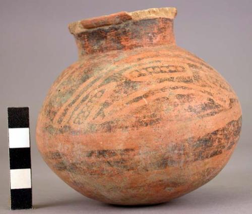 Pottery jar, base red, upper zone white with black ornamentation