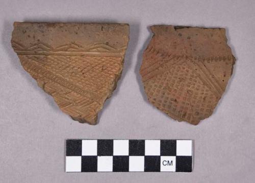 Ceramic, earthenware rim and body sherds, incised, cross-hatch incised, and dentate; two sherds crossmend