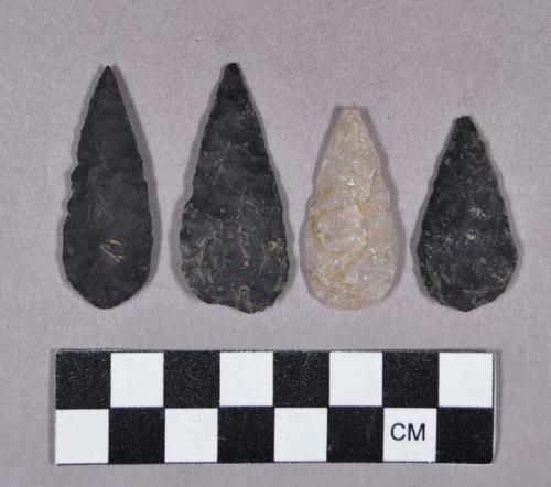 Chipped stone, projectile points, leaf-shaped and one corner-notched