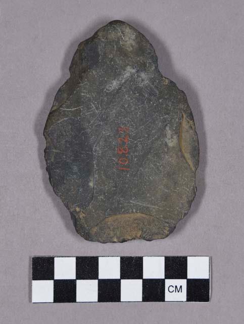 Ground stone, modified lithic, ovate object with pecked surface