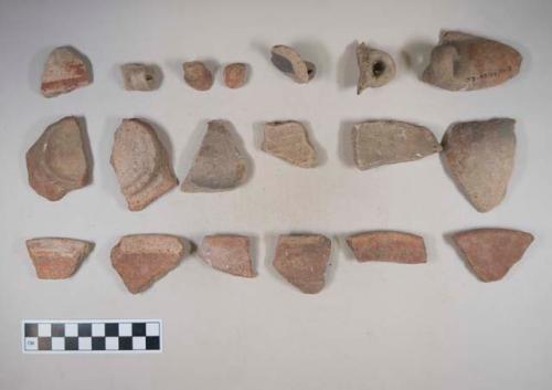 Earthenware vessel sherds with various painted decoration; some rim body, shoulder, and base portions