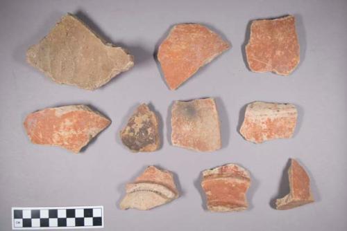 Earthenware vessel sherds with poly chrome decoration; some with corner edges