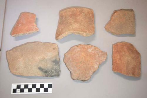 Potsherds and 5 red bowls; large red jar, fragmentary; bowl, incised decoration,